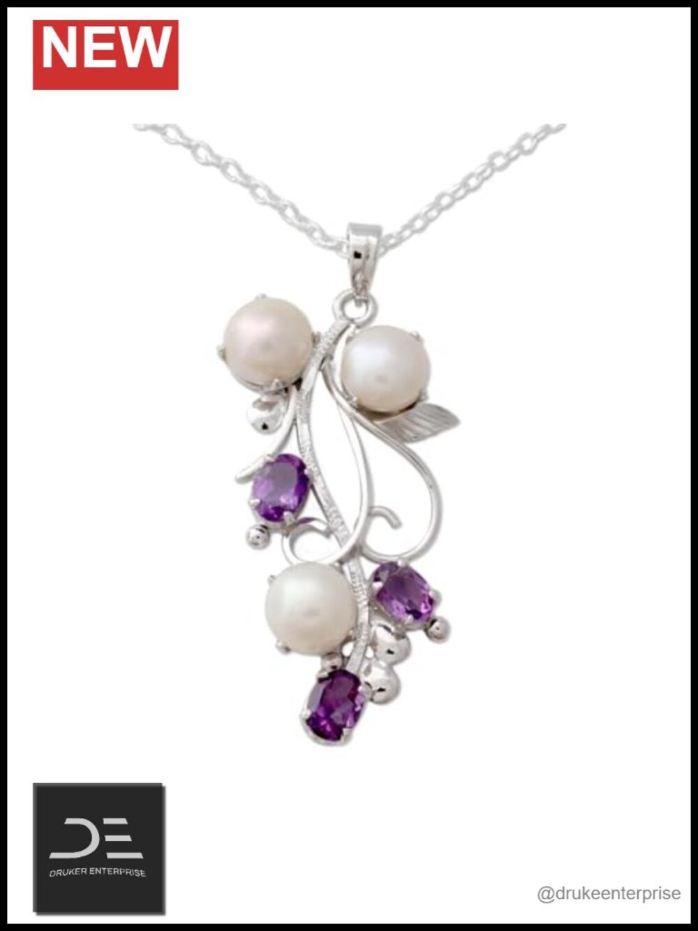 Artisan Handmade Amethyst Freshwater Cultured Pearl Pendant Necklace Rhodium